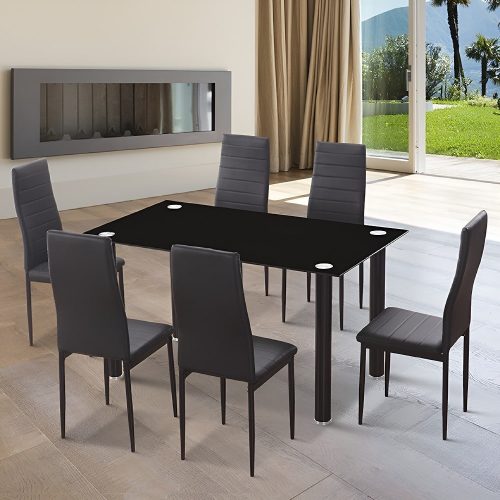 Conjunto comedor mesa 140 x 80 cm rectangular, 6 sillas piel sintética, negro - Seano
