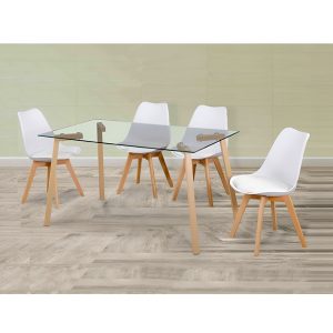 Conjunto comedor mesa vidrio, 140 x 80 cm, sillas estilo nórdico - Comeana-Lund
