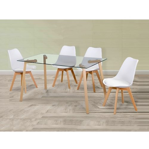 Conjunto comedor mesa vidrio, 140 x 80 cm, sillas estilo nórdico - Comeana-Lund