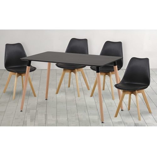 Juego comedor estilo nórdico mesa rectangular, 4 sillas con cojín, patas madera - Malmo-Lund