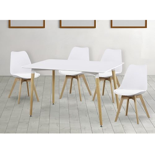 Juego comedor estilo nórdico mesa rectangular, 4 sillas con cojín, patas madera, blanco - Malmo-Lund