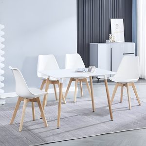Juego comedor estilo nórdico mesa rectangular, 4 sillas con cojín, patas madera, blanco. - Malmo-Lund