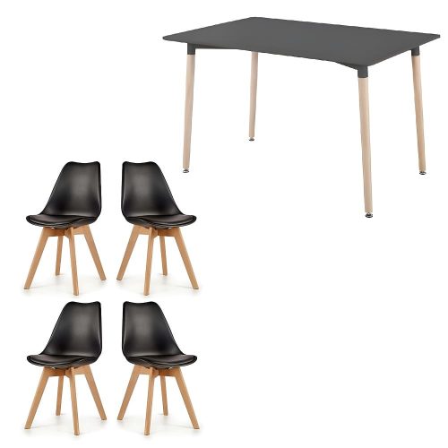 Juego comedor estilo nórdico, mesa rectangular, 4 sillas con cojín, patas madera. - Malmo-Lund