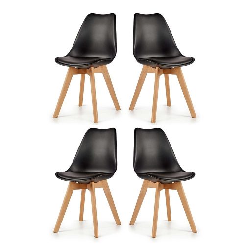 Juego de 4 sillas, asiento con cojín, estilo nórdico, patas de madera, negro - Lund