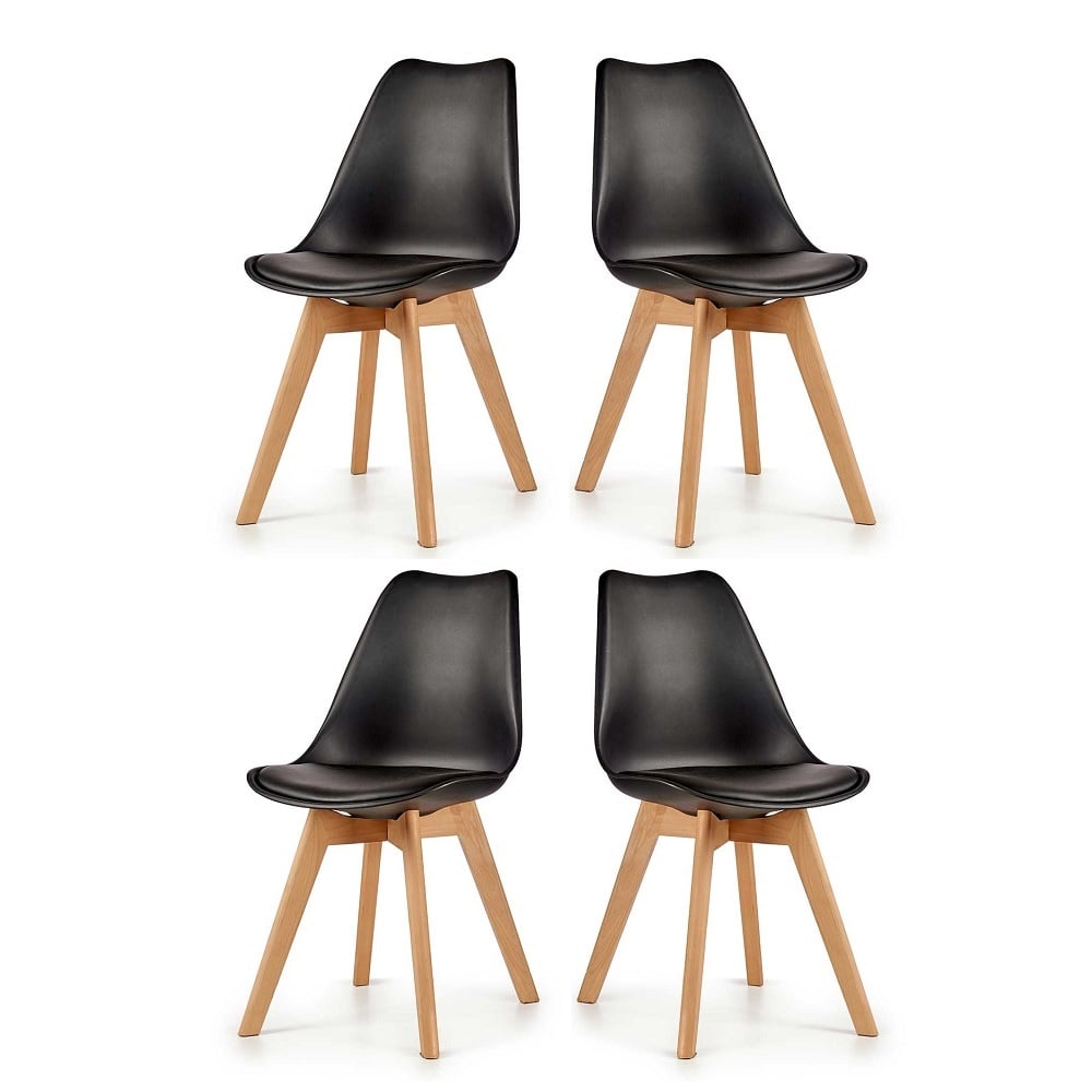 Juego de 4 sillas, asiento con cojín, estilo nórdico, patas de madera - Lund Negro