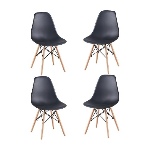 Juego de 4 sillas, estilo nórdico, plástico, patas de madera, negro - Malmo