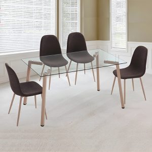 Juego de comedor mesa vidrio, 140 x 80 cm, sillas tela marrón- Comeana-Buriano
