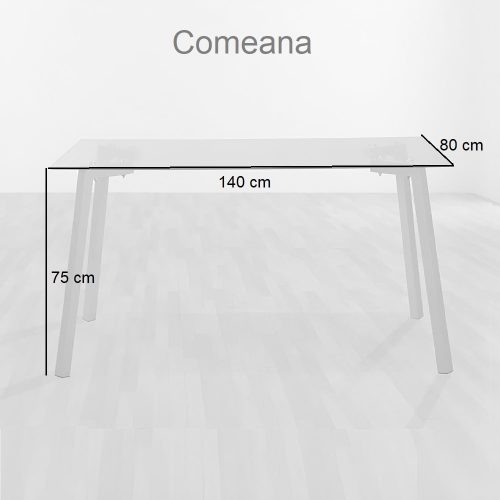 Medidas. Mesa comedor cristal templado, rectangular 140 x 80 cm, patas acero - Comeana