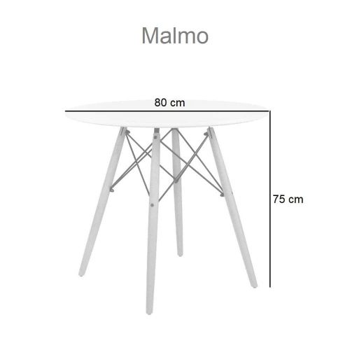 Medidas. Mesa de comedor redonda, estilo nórdico, pequeña, 4 patas madera - Malmo