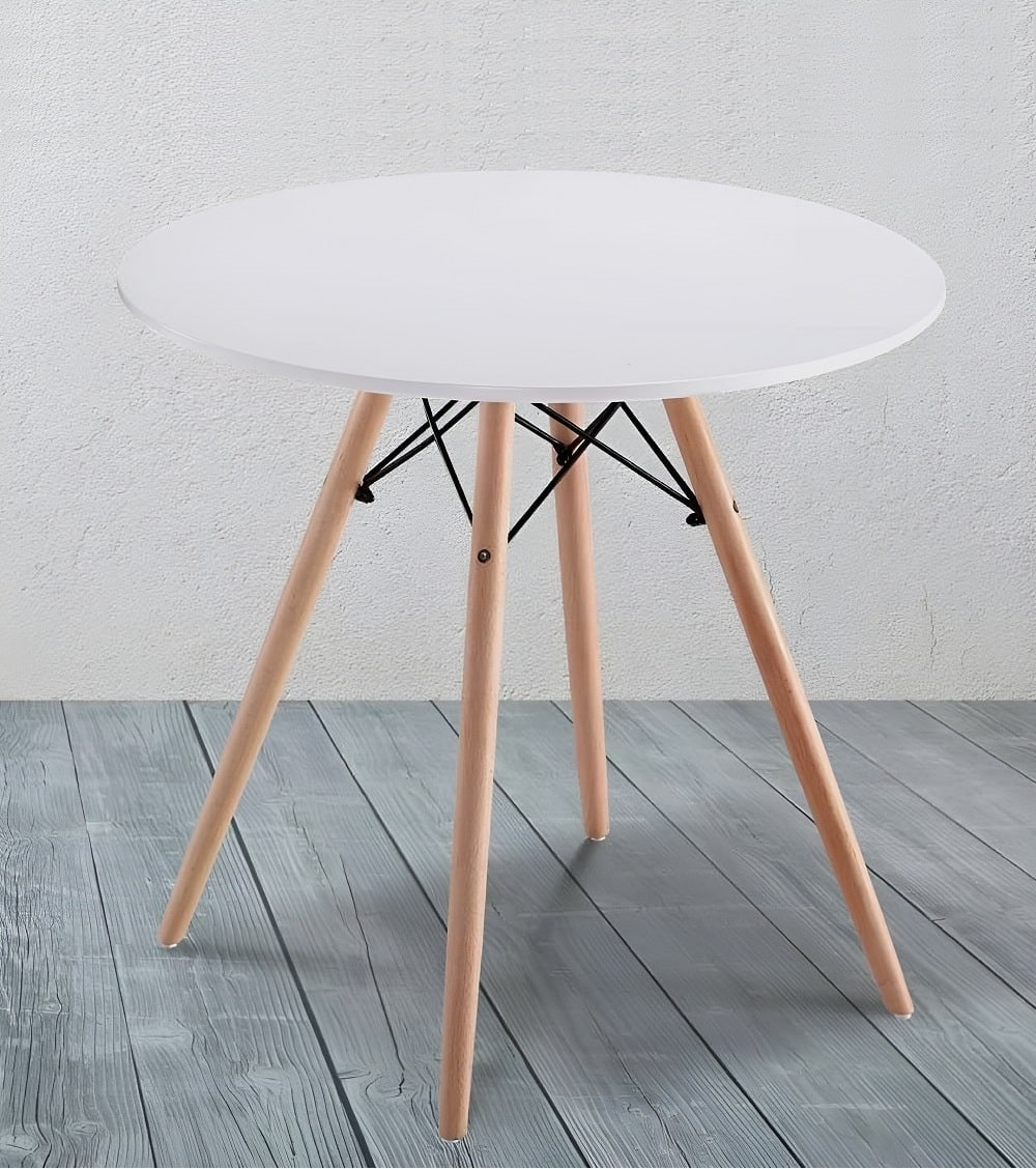 Mesa de comedor redonda estilo nórdico, pequeña, 4 patas madera, blanca. - Malmo
