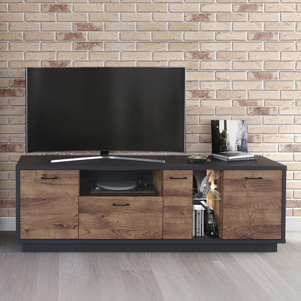 Mueble bajo TV luces led, 190 cm, acabado de textura madera oscura