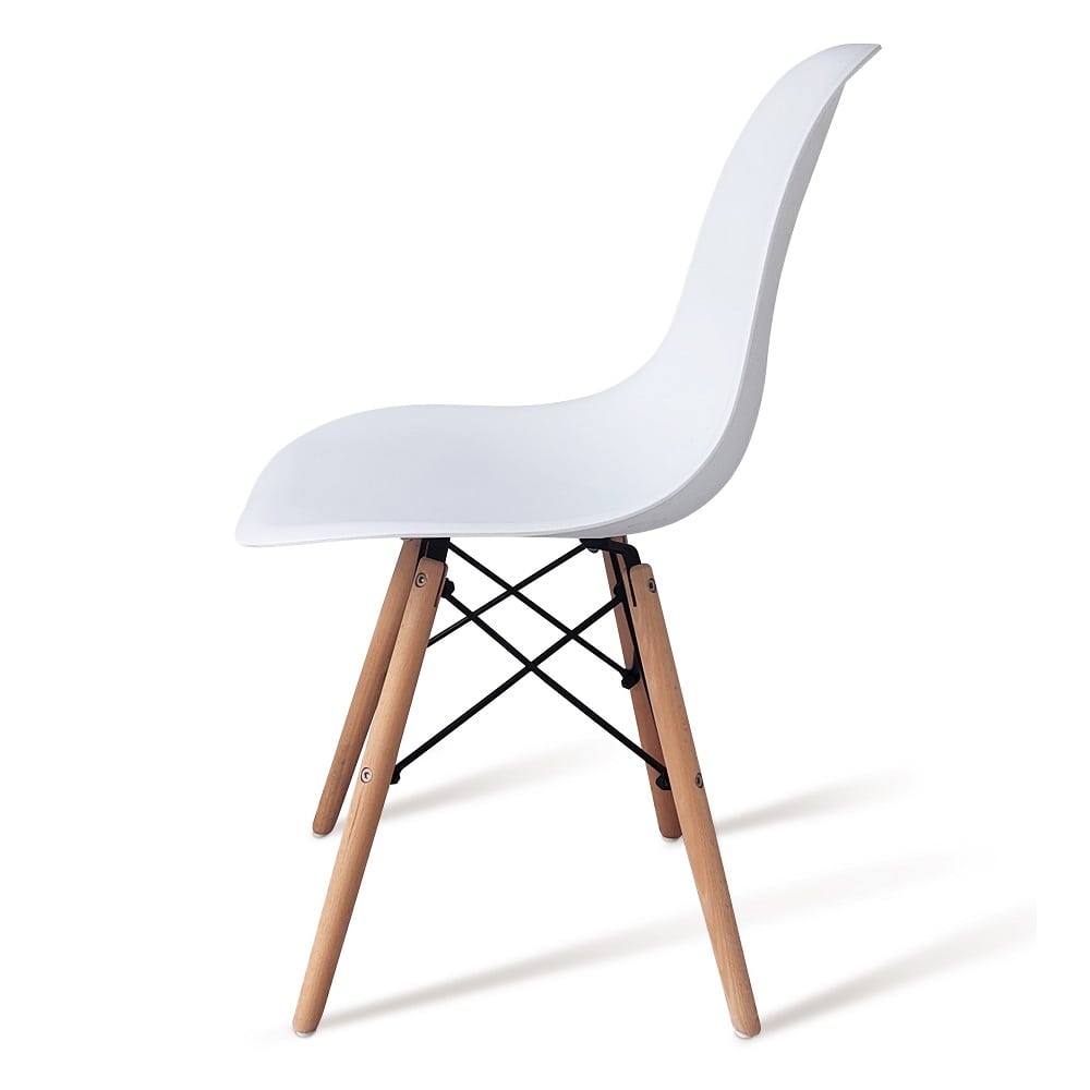 Silla de diseño nórdico con patas de madera y asiento en policarbonato  blanco, barata.