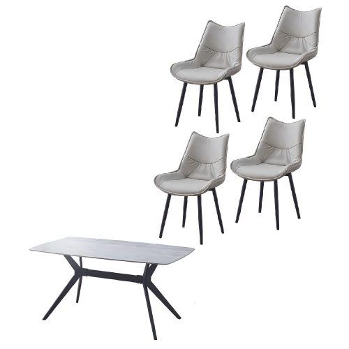 Conjunto comedor mesa rectangular, 160 x 90 cm, 4 sillas piel sintética, beige, sin fondo - Chieri