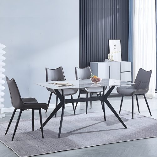 Conjunto comedor mesa rectangular, 160 x 90 cm, 4 sillas piel sintética, gris - Chieri
