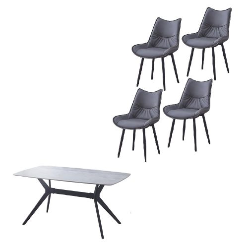 Conjunto comedor mesa rectangular, 160 x 90 cm, 4 sillas piel sintética, gris, sin fondo - Chieri