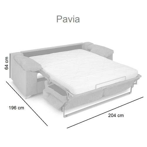 Medidas abierto. Sofá cama, apertura italiana, reposabrazos, cojines, colchón 16 cm - Pavia