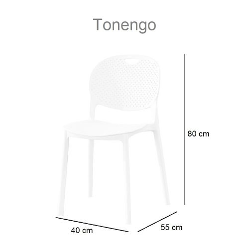 Medidas. Silla de plástico blanca, respaldo perforado, asiento curvado - Tonengo