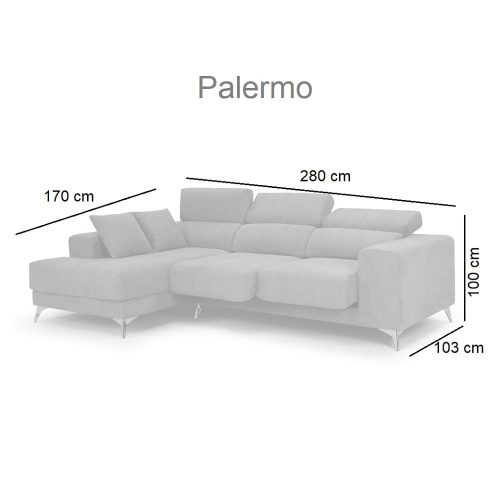 Medidas. Sofá chaise longue, 3 plazas, cabezales reclinables, asientos deslizantes - Palermo