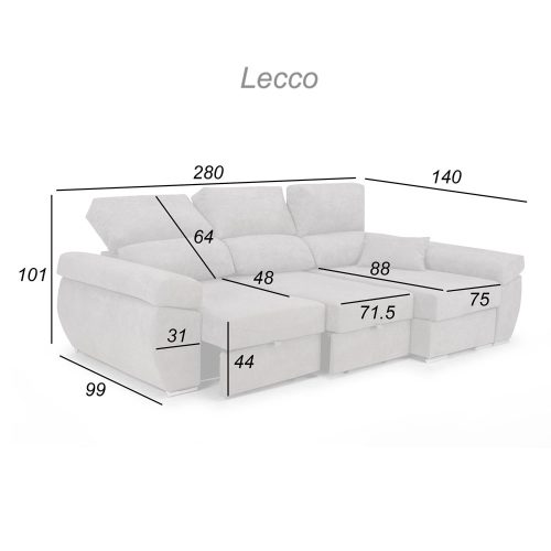 Medidas. Sofá chaise longue, 3 plazas, cabezales reclinables, asientos deslizantes, arcón, derecho - Lecco