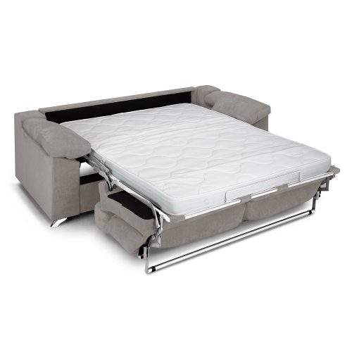 Sofá cama, apertura italiana, reposabrazos, cojines, colchón 16 cm, gris claro, abierto - Pavia