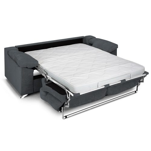 Sofá cama, apertura italiana, reposabrazos, cojines, colchón 16 cm, gris oscuro, abierto - Pavia