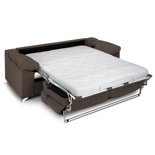 Sofá cama, apertura italiana, reposabrazos, cojines, colchón 16 cm, marrón, abierto - Pavia