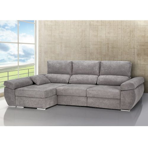 Sofá chaise longue, 3 plazas, cabezales reclinables, asientos deslizantes, arcón, ambiente, gris claro - Lecco