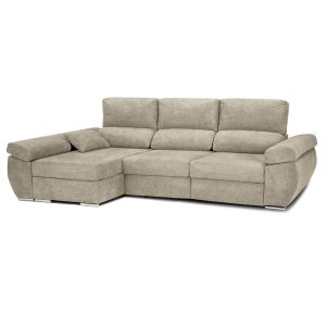 Sofá chaise longue, 3 plazas, cabezales reclinables, asientos deslizantes, arcón, beige - Lecco