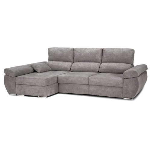 Sofá chaise longue, 3 plazas, cabezales reclinables, asientos deslizantes, arcón, gris claro - Lecco