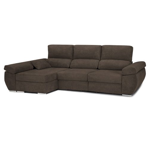 Sofá chaise longue, 3 plazas, cabezales reclinables, asientos deslizantes, arcón, marrón - Lecco