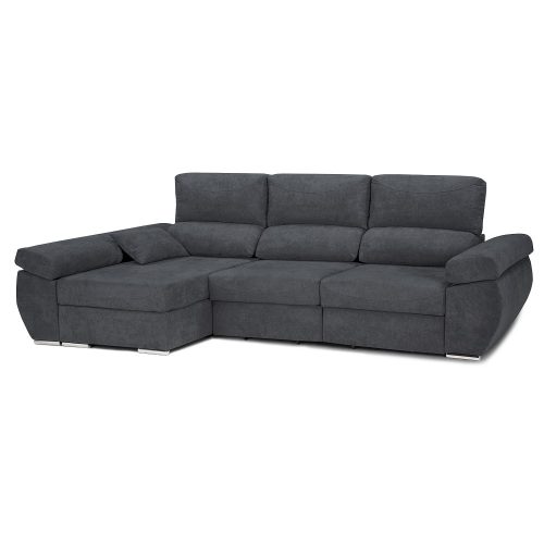 Sofá chaise longue, 3 plazas, cabezales reclinables, asientos deslizantes, gris oscuro, arcón - Lecco