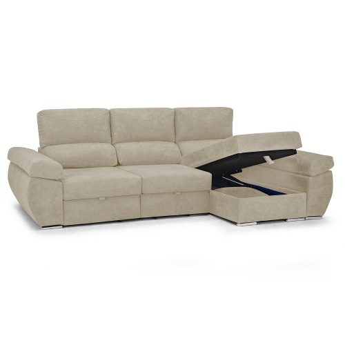 Sofá chaise longue derecha, 3 plazas, cabezales reclinables, asientos deslizantes, arcón abierto, beige - Lecco