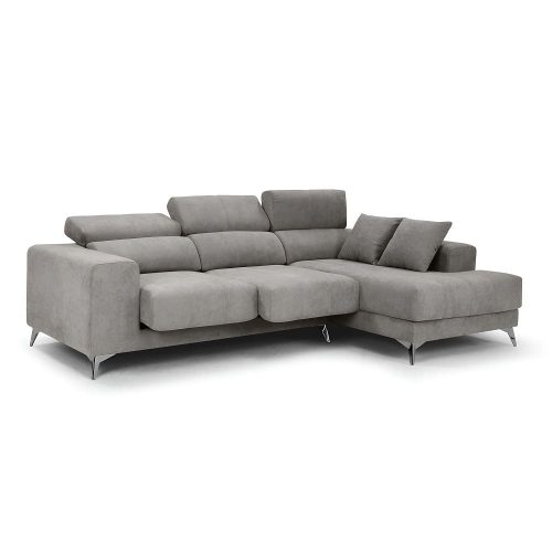 Sofá chaise longue derecha, 3 plazas, cabezales reclinables, asientos deslizantes, gris claro - Palermo
