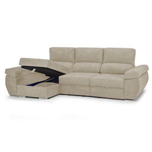 Sofá chaise longue izquierda, 3 plazas, cabezales reclinables, asientos deslizantes, arcón abierto, beige - Lecco