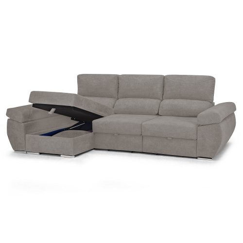 Sofá chaise longue izquierda, 3 plazas, cabezales reclinables, asientos deslizantes, arcón abierto, gris claro - Lecco