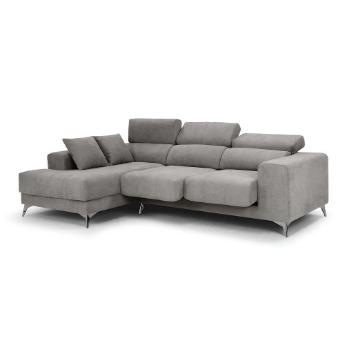Sofá chaise longue izquierda, 3 plazas, cabezales reclinables, asientos deslizantes, gris claro - Palermo