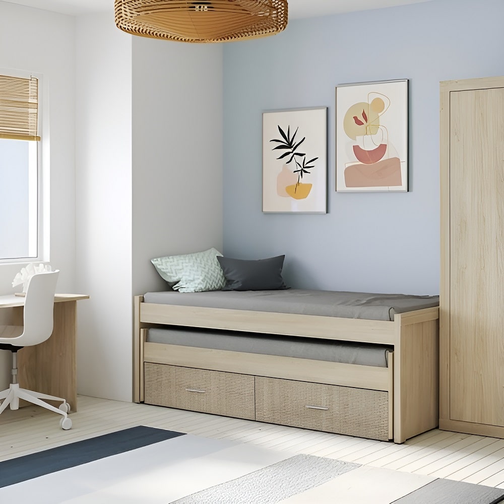 Juego dormitorio juvenil cama nido 90 x 190 más 90 x 180 cm, armario,  cómoda, escritorio - Verona - MEBLERO