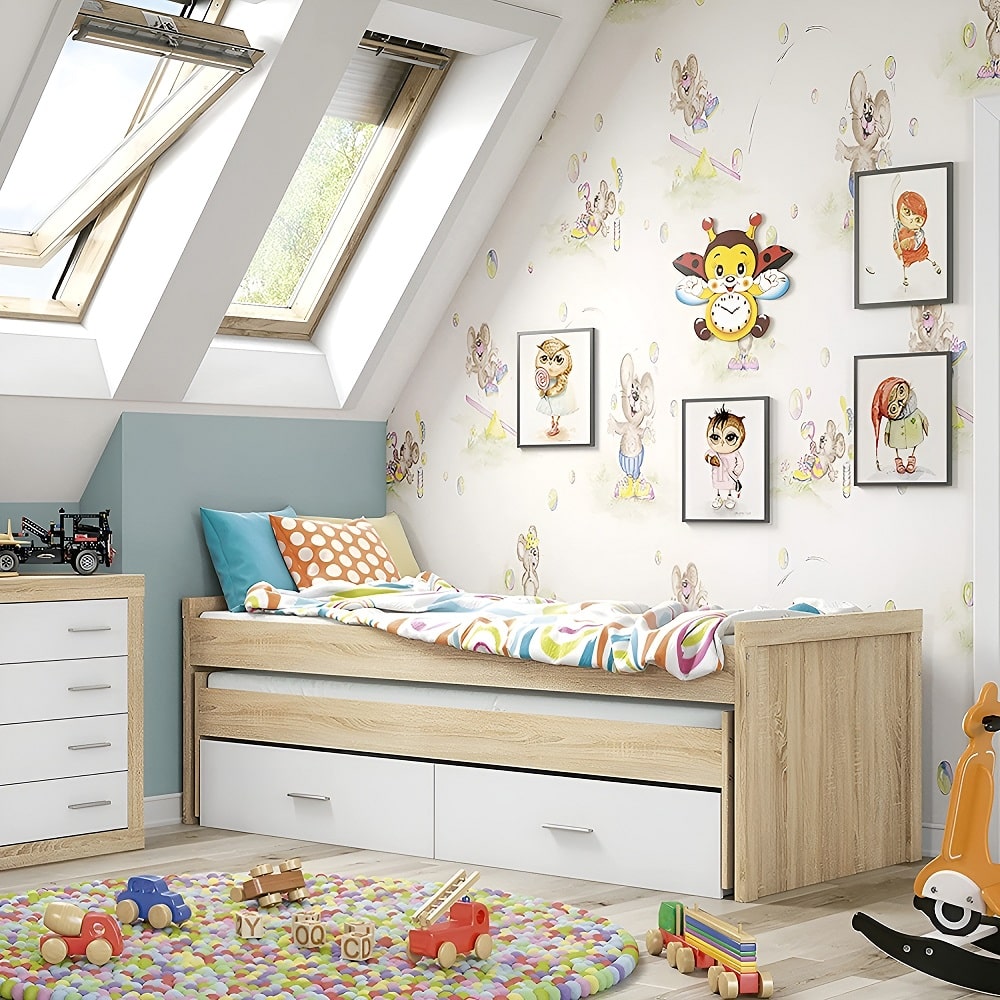 Dormitorio infantil con compacto de 2 camas de 90 x 190 + 4 contenedores..