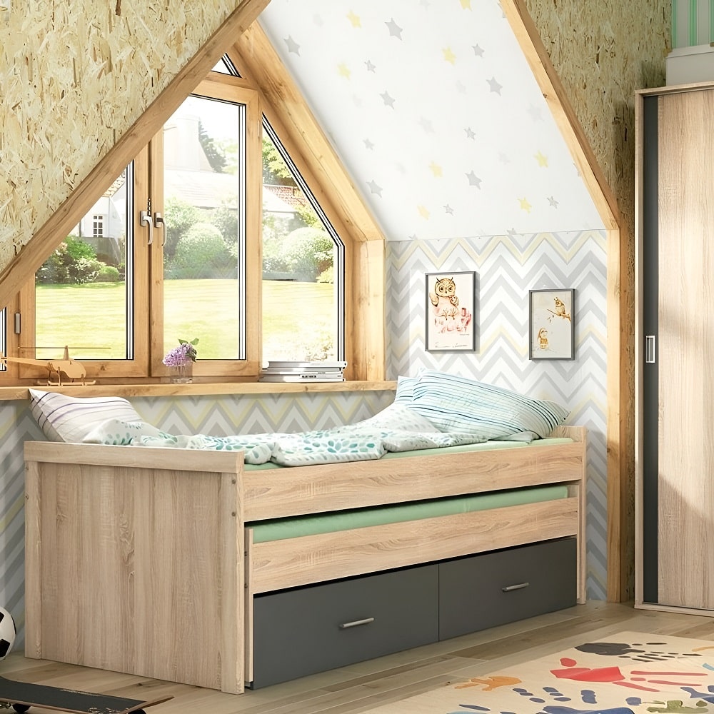 Dormitorio infantil con compacto de 2 camas de 90 x 190 + 4 contenedores..