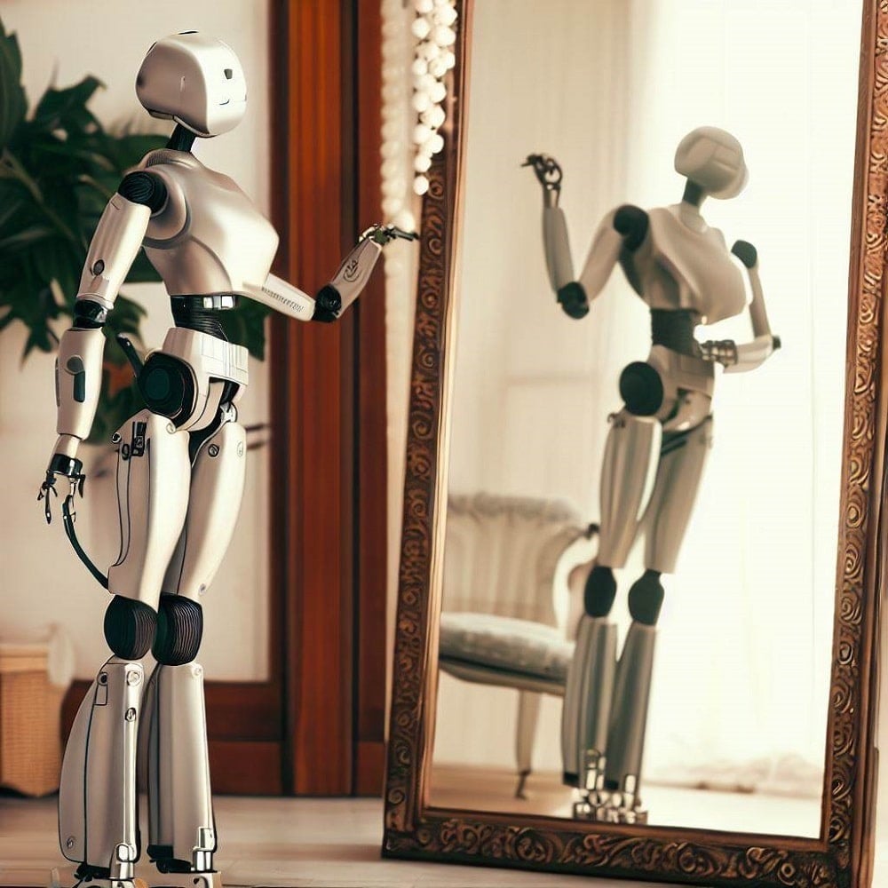 Robot femenino mirando en un espejo de cuerpo completo entero