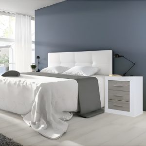 Conjunto dormitorio cabecero 160 cm blanco, 2 mesitas noche, blanco con vetas-gris claro - Verona-Modena