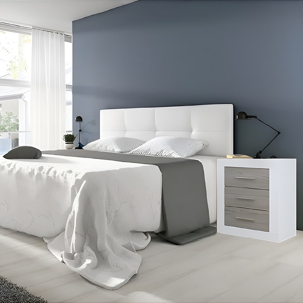 Juego dormitorio matrimonio: cabecero de pared, piel sintética, 160 cm, 2 mesitas - Verona-Modena Blanco Blanco con vetas-gris claro