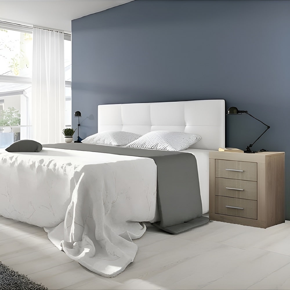 Juego dormitorio matrimonio: cabecero de pared, piel sintética, 160 cm, 2 mesitas - Verona-Modena Blanco Roble