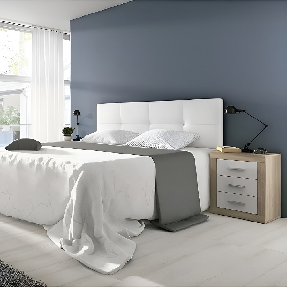 Juego dormitorio matrimonio: cabecero de pared, piel sintética, 160 cm, 2 mesitas - Verona-Modena Blanco Roble-blanco