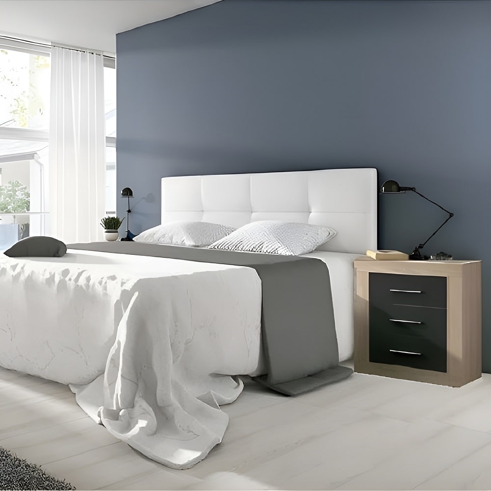 Juego dormitorio matrimonio: cabecero de pared, piel sintética, 160 cm, 2 mesitas - Verona-Modena Blanco Roble-gris oscuro