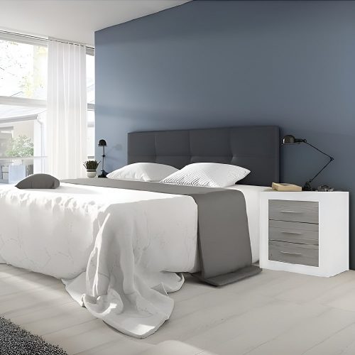Conjunto dormitorio cabecero 160 cm gris, 2 mesitas noche, blanco con vetas-gris claro - Verona-Modena