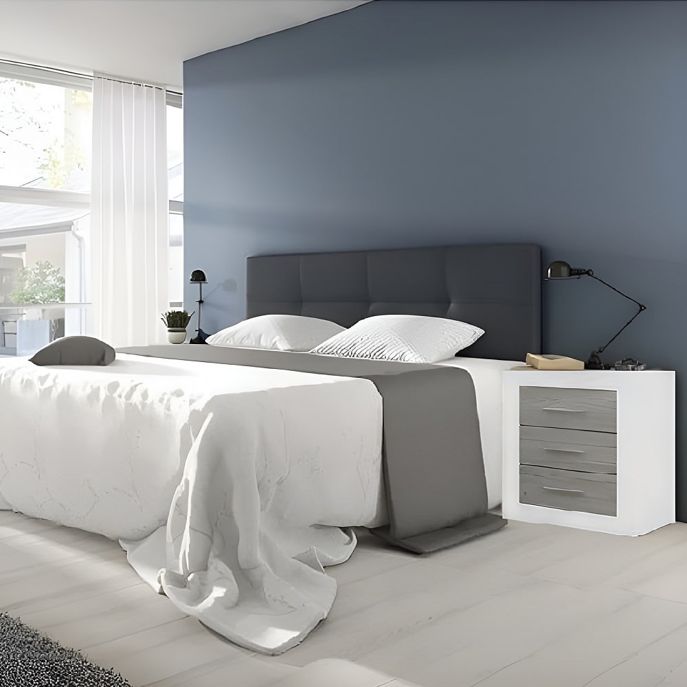 Juego dormitorio matrimonio: cabecero de pared, piel sintética, 160 cm, 2 mesitas - Verona-Modena Gris Blanco con vetas-gris claro
