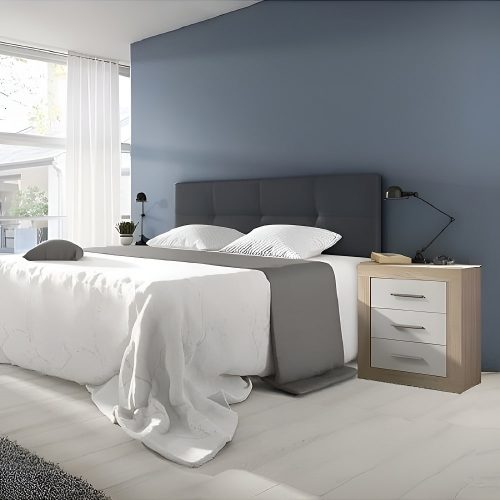 Conjunto dormitorio cabecero 160 cm gris, 2 mesitas noche, roble-blanco - Verona-Modena