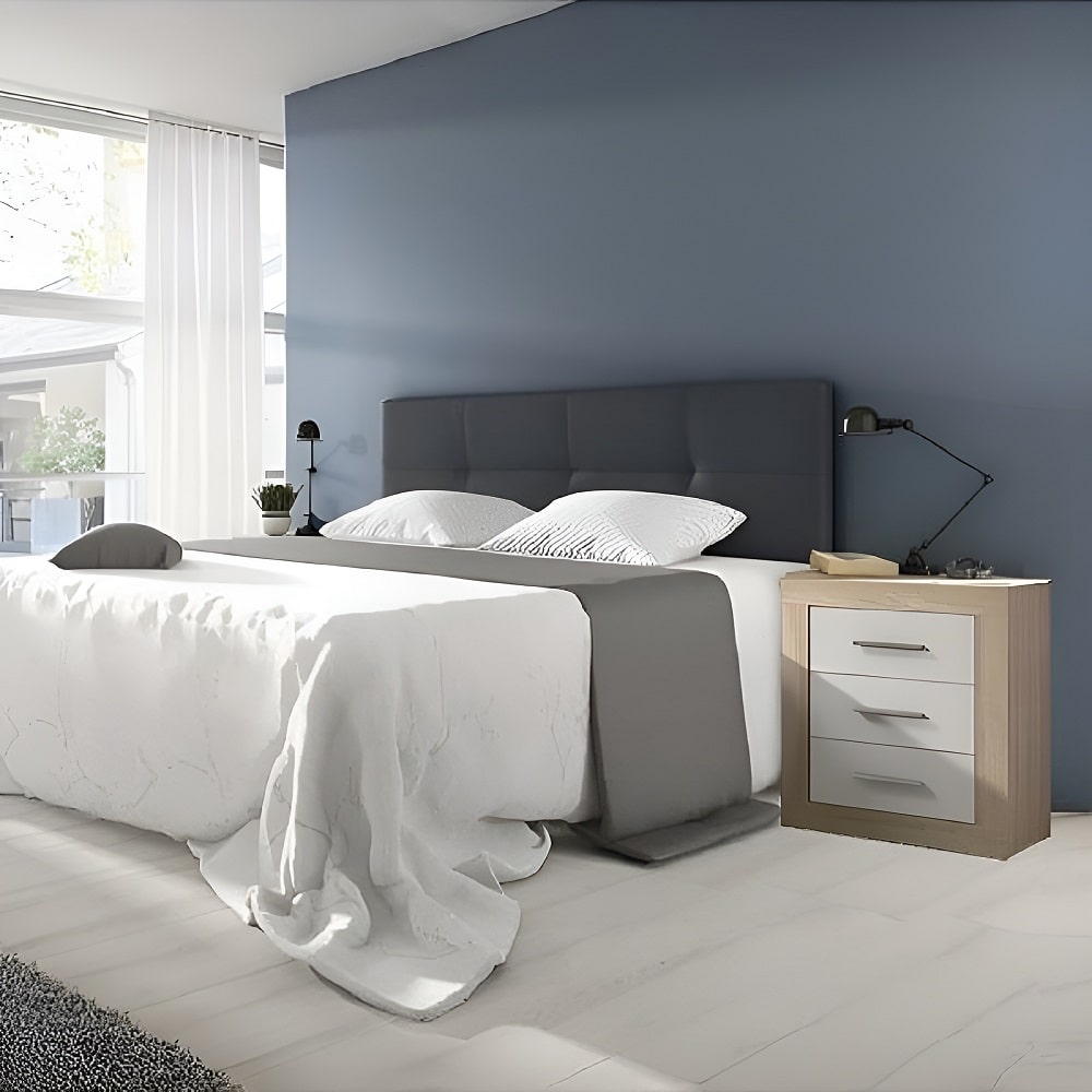 Juego dormitorio matrimonio: cabecero de pared, piel sintética, 160 cm, 2 mesitas - Verona-Modena Gris Roble-blanco