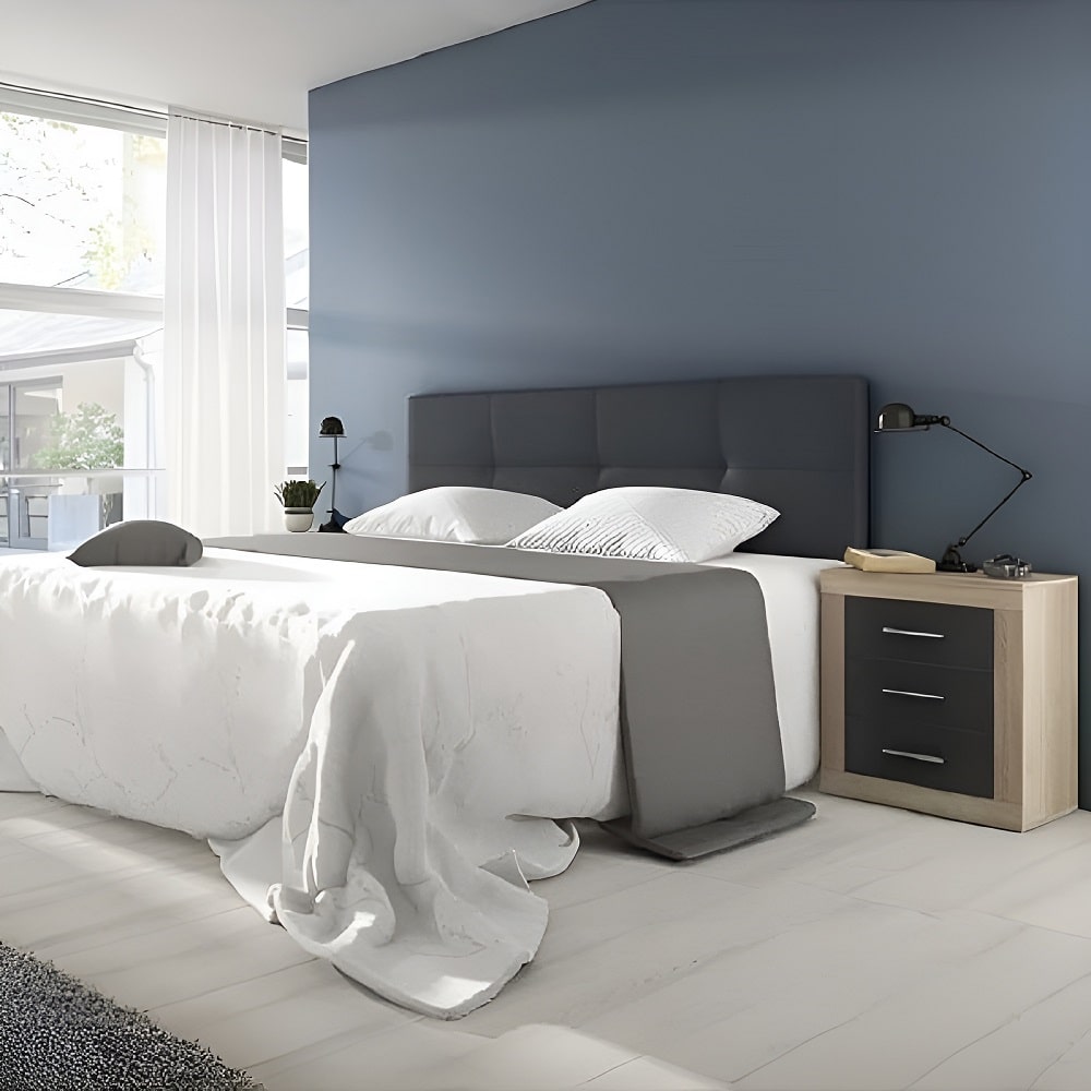 Juego dormitorio matrimonio: cabecero de pared, piel sintética, 160 cm, 2 mesitas - Verona-Modena Gris Roble-gris oscuro